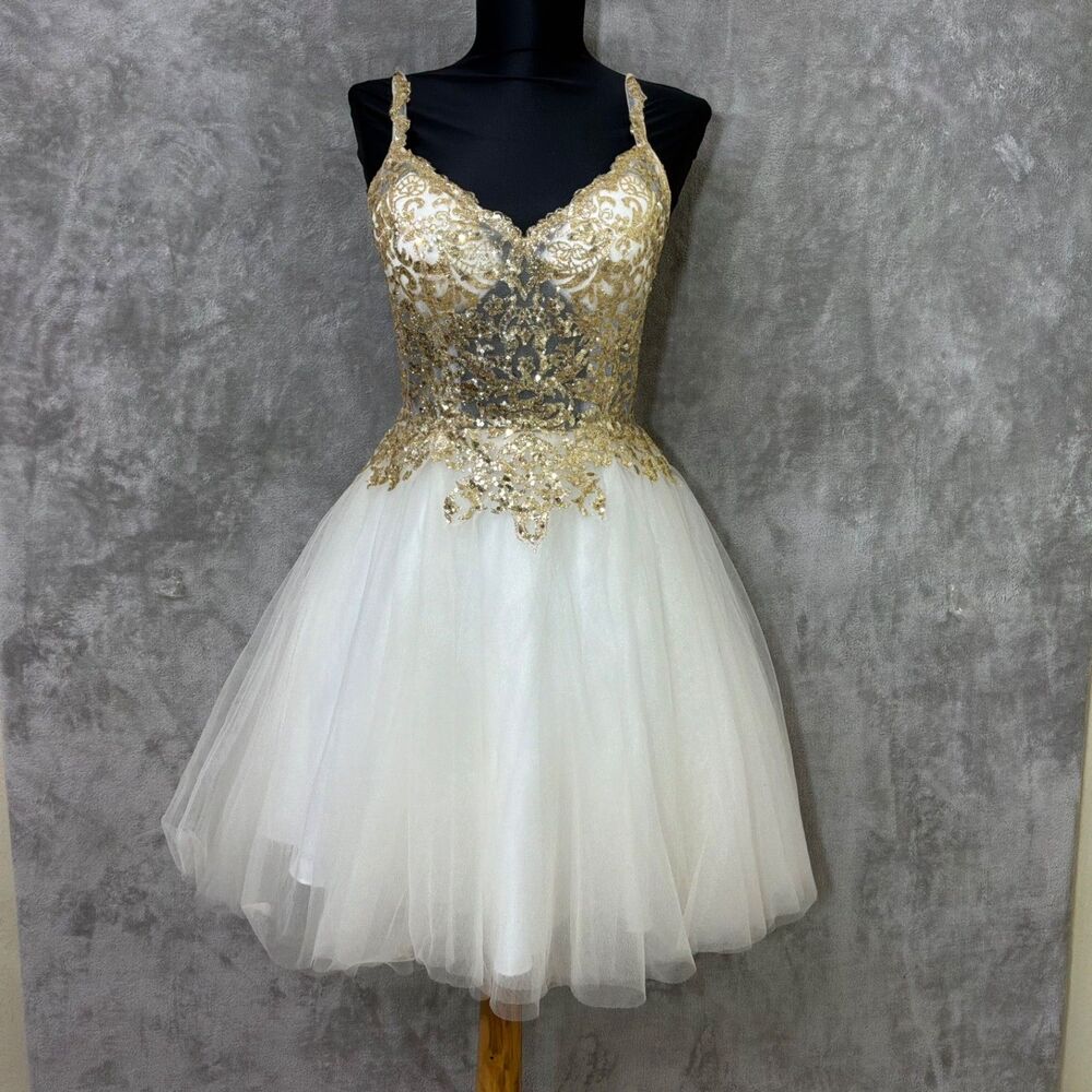 CINDERELLA DIVINE XS white Prom Tulle  Homecoming Short Shimmering gold sequines